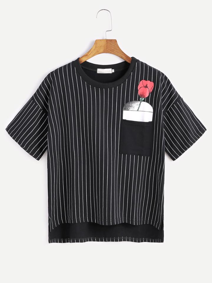 Romwe Black Vertical Striped Rose Print High Low Pocket T-shirt