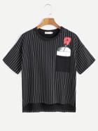 Romwe Black Vertical Striped Rose Print High Low Pocket T-shirt