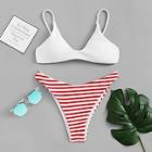 Romwe Plain Top With Striped High Leg Bikini Set