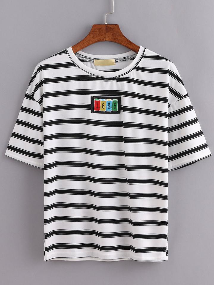 Romwe Striped Patch T-shirt