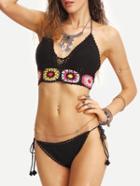 Romwe Halter Colorful Flower Crochet Bikini Set - Black