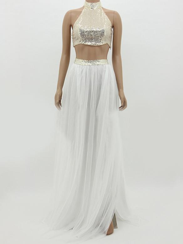 Romwe Halter Glittering Crop Top Split White Skirt