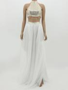 Romwe Halter Glittering Crop Top Split White Skirt