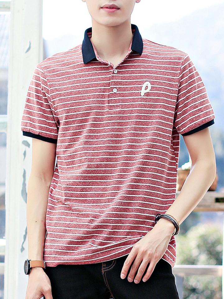 Romwe Men Stripe Contrast Neck Tee
