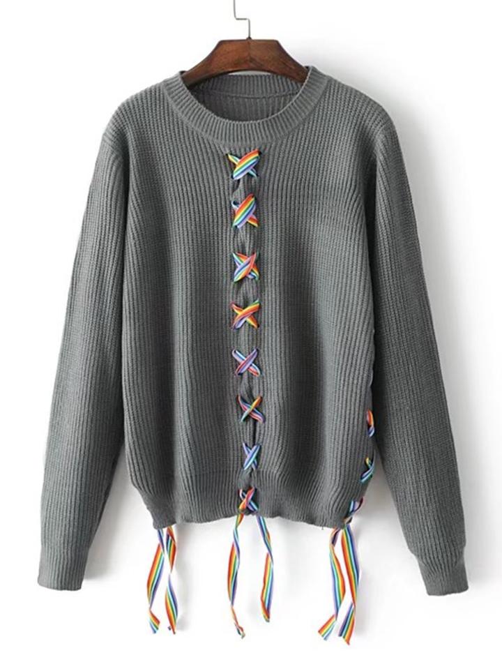 Romwe Contrast Lace Up Ribbed Knit Sweater
