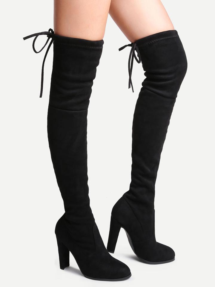 Romwe Black Faux Suede Point Toe Lace Up Over The Knee Boots