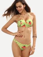 Romwe Flower & Dot Print Bikini Set - Green
