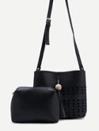 Romwe Black Cutout Hollow Tassel Shoulder Bag With Makeup Bag