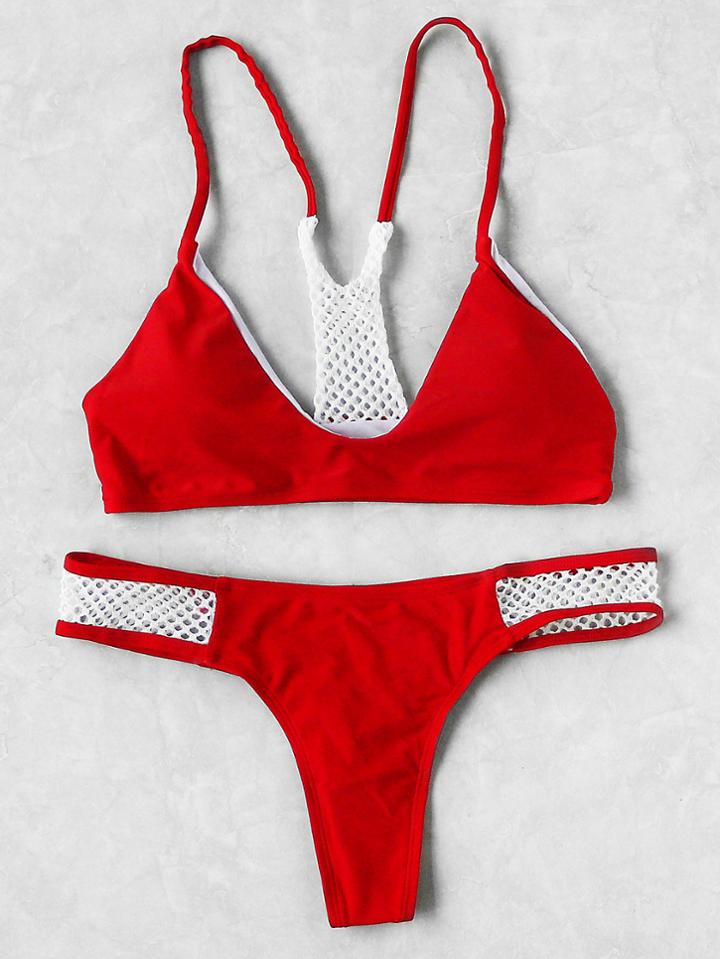 Romwe Deep V Neck Contrast Hollow Out Bikini Set
