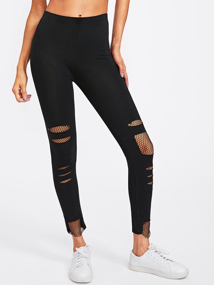 Romwe Fishnet Insert Ripped Leggings