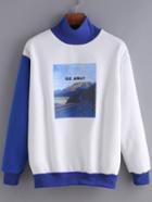 Romwe High Neck Printed Color-block Sweatshirt
