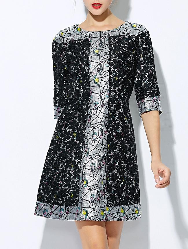 Romwe Black Round Neck Half Sleeve Print Dress