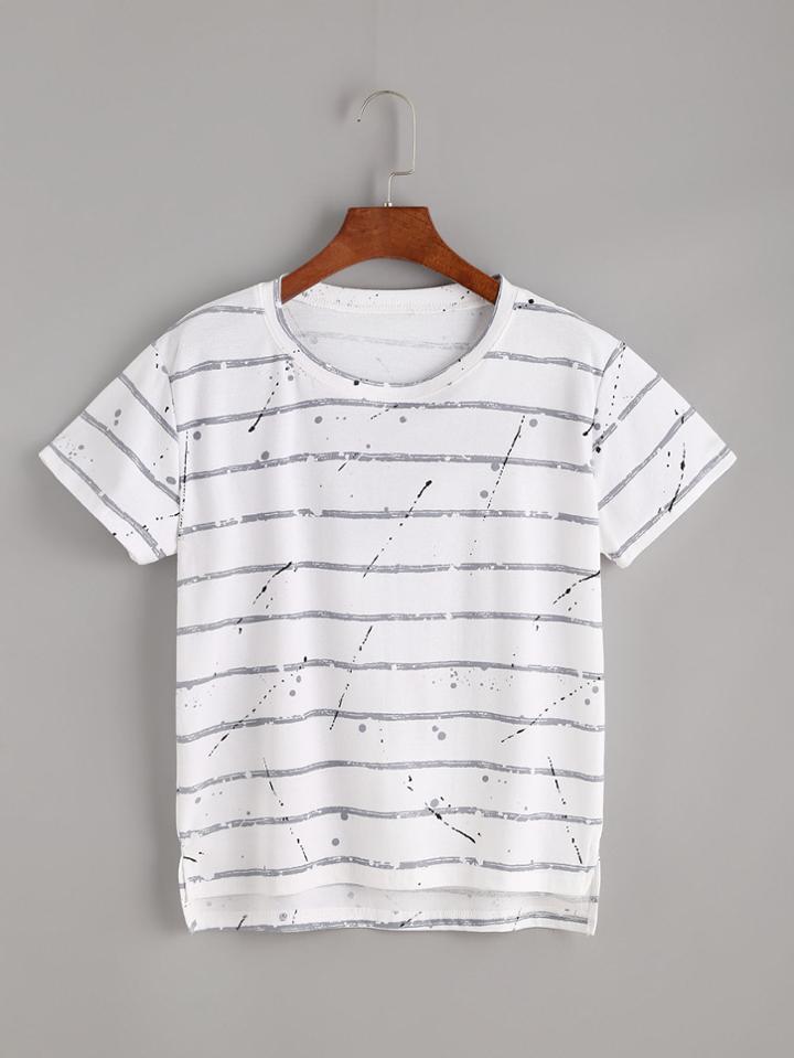 Romwe White Striped Splatter Print High Low T-shirt