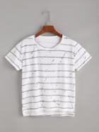 Romwe White Striped Splatter Print High Low T-shirt