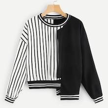 Romwe Cut And Sew Striped Panel Sweatshirt