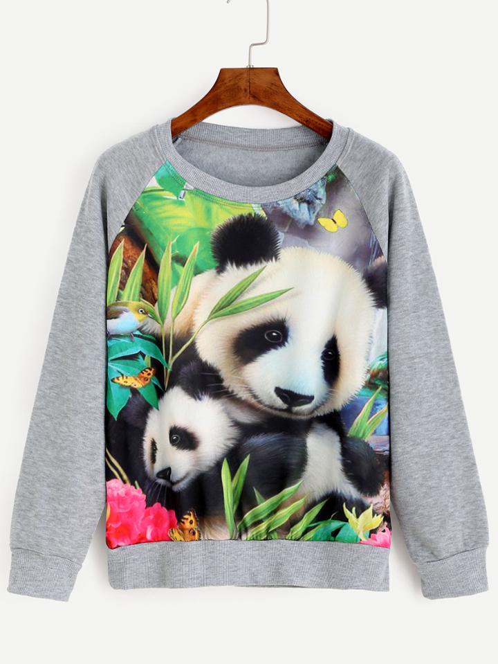 Romwe Grey Panda Bamboo Print Sweatshirt
