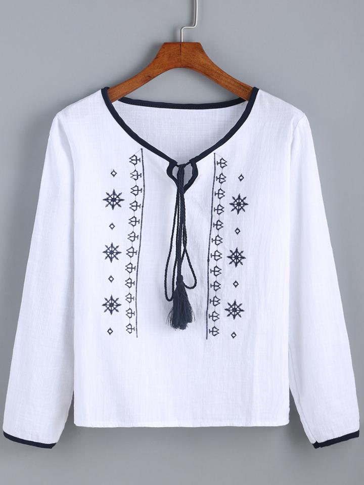 Romwe Long Sleeve Tie Embroidered Top