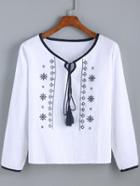 Romwe Long Sleeve Tie Embroidered Top