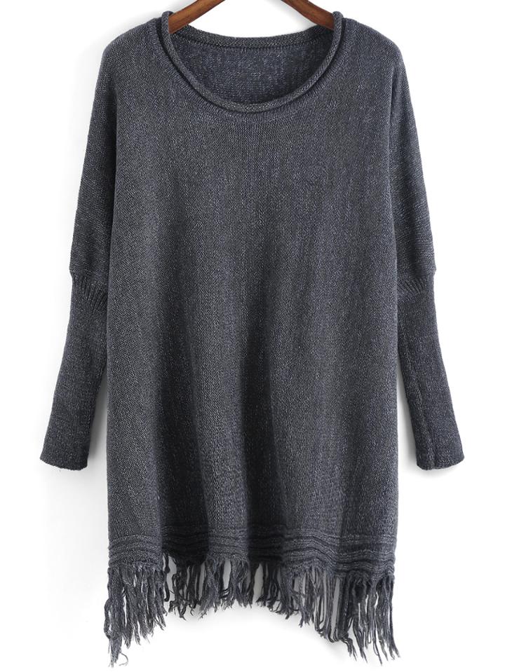 Romwe Tassel Dolman Dark Grey Sweater