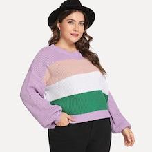 Romwe Plus Striped Bishop Sleeve Top