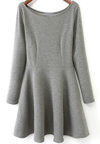 Romwe Grey Round Neck Long Sleeve Pleated Dress
