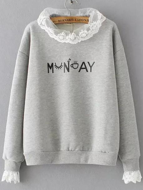 Romwe Contrast Lace Letter Print Grey Sweatshirt