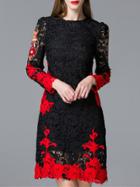 Romwe Black Color Block Crochet Applique Pouf Dress