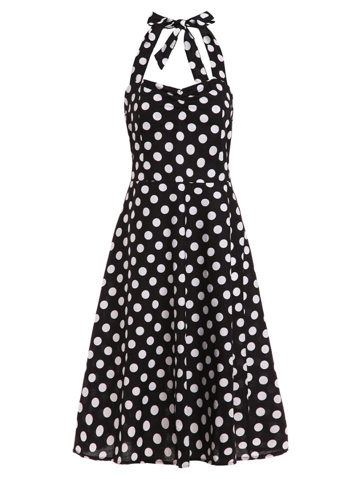 Romwe Polka Dot Print Halter Neck Dress