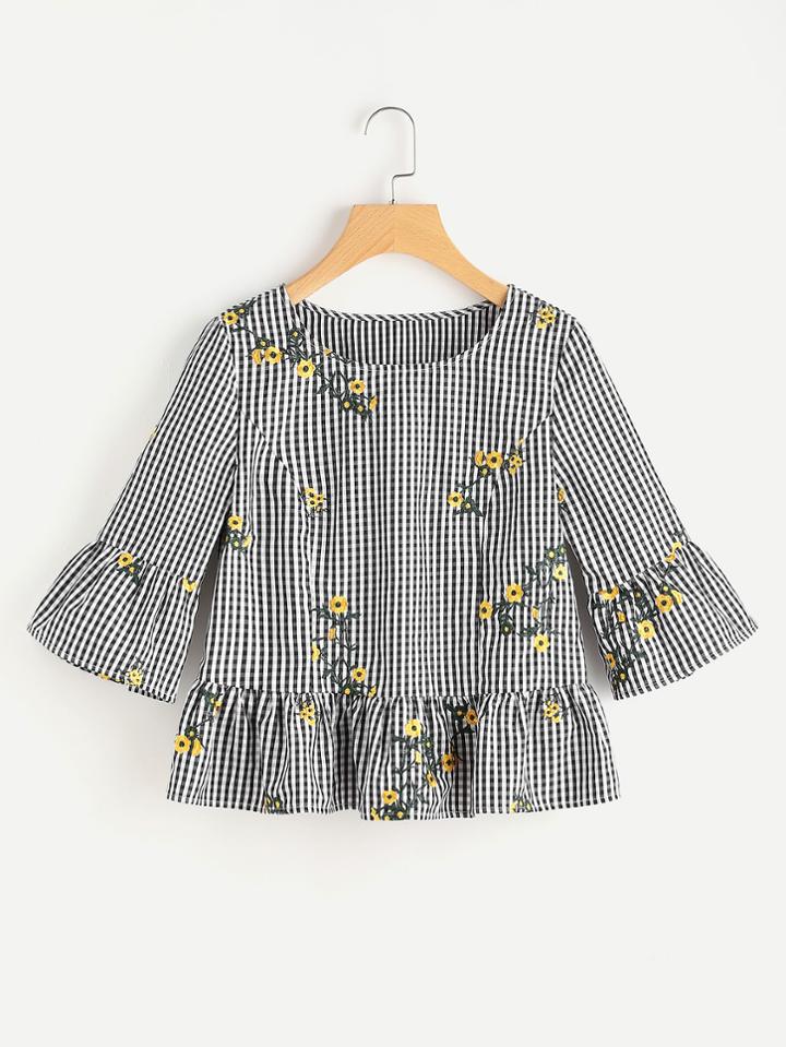 Romwe Blossom Embroidered Fluted Sleeve Checkered Top