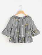 Romwe Blossom Embroidered Fluted Sleeve Checkered Top