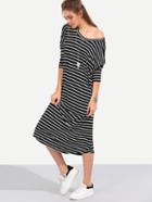Romwe Black White Stripe Long Sleeve Shift Midi Dress