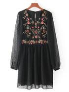 Romwe Embroidered Detail Mesh Sleeve Smock Dress