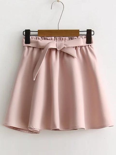 Romwe Pink Elastic Waist A Line Skirt With Self Tie