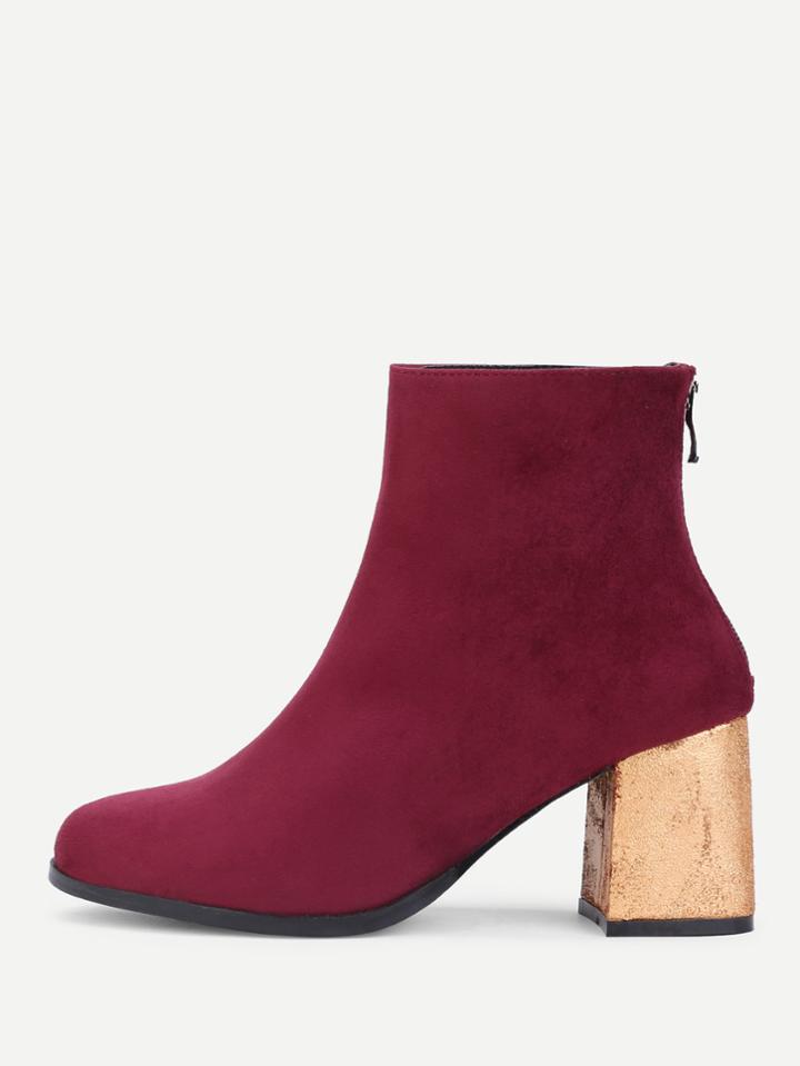 Romwe Back Zipper Gold Heeled Ankle Boots