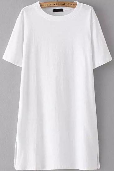 Romwe Side Split Long White T-shirt