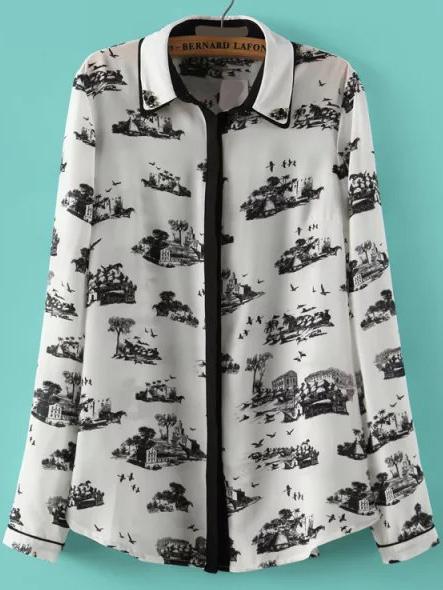 Romwe Lapel Ink Print Chiffon Blouse