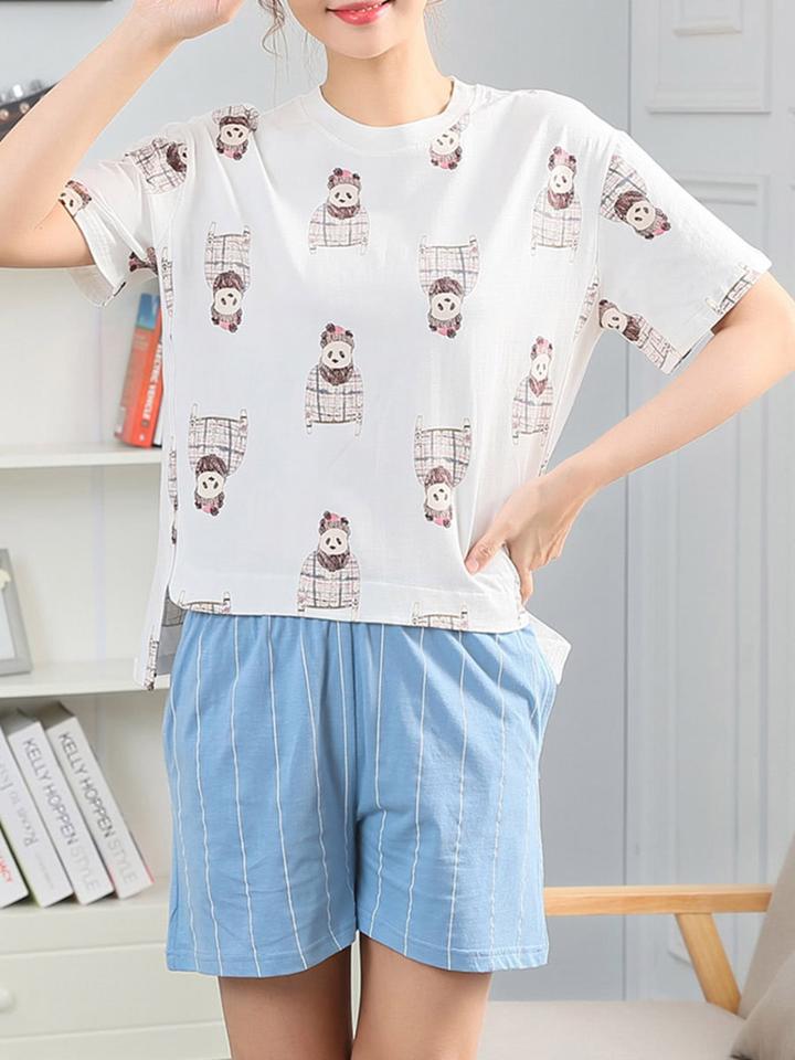 Romwe Bear Print Tee & Striped Shorts Pj Set