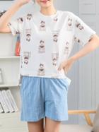 Romwe Bear Print Tee & Striped Shorts Pj Set