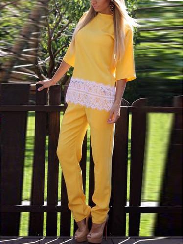 Romwe Women Yellow Lace Hem Top With Pants