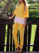 Romwe Women Yellow Lace Hem Top With Pants