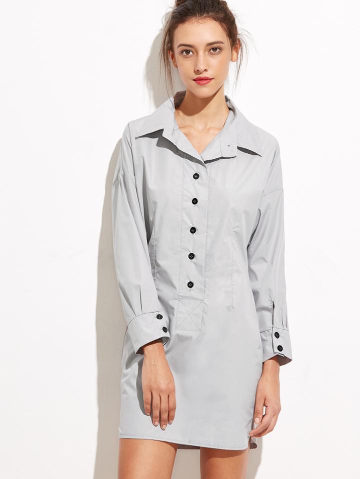 Romwe Pale Grey Button Front Shirt Dress