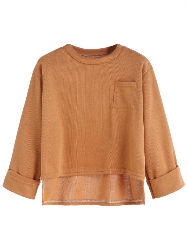 Romwe Khaki Dip Hem Pocket Cuffed T-shirt