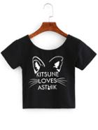 Romwe Cat Outline Print Crop T-shirt - Black