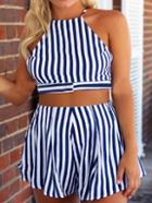 Romwe Crisscross Back Vertical Striped Top With Shorts