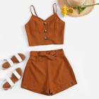 Romwe Button Front Cami Top With Belted Shorts