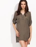 Romwe Coffee Half Placket Roll Tab Sleeve Shirt Dress