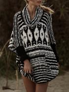 Romwe Black White Turtleneck Geometric Print Sweater