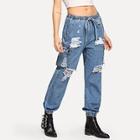 Romwe Pocket Patched Distressed Elastic Jeans