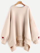 Romwe Apricot Drop Shoulder High Low Sleeve Heart Embroidery Sweatshirt