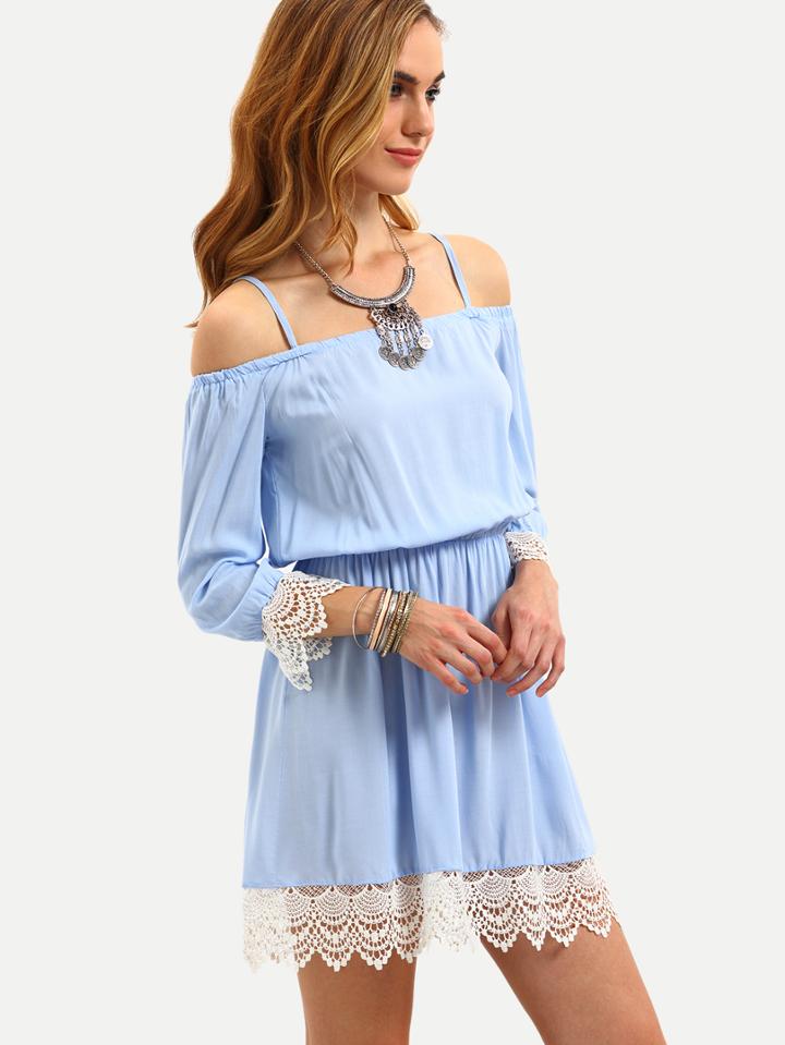 Romwe Lace Trimmed Cold Shoulder Dress - Light Blue